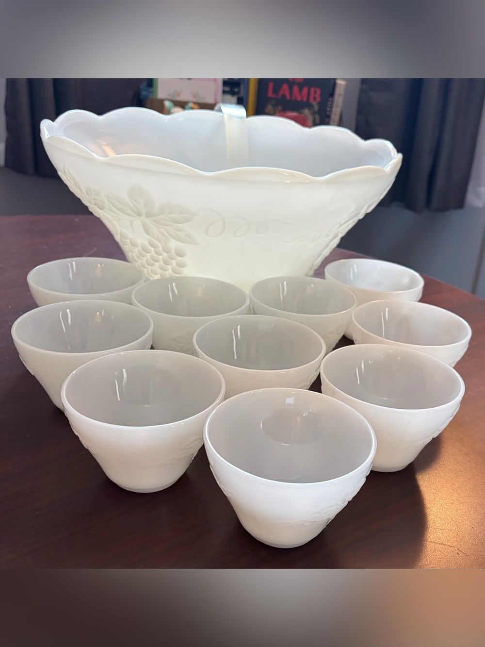 1960’s Vtg. Anchor Hocking Harvest Grape Milk Glass Punch Bowl 10 Cups Ladle